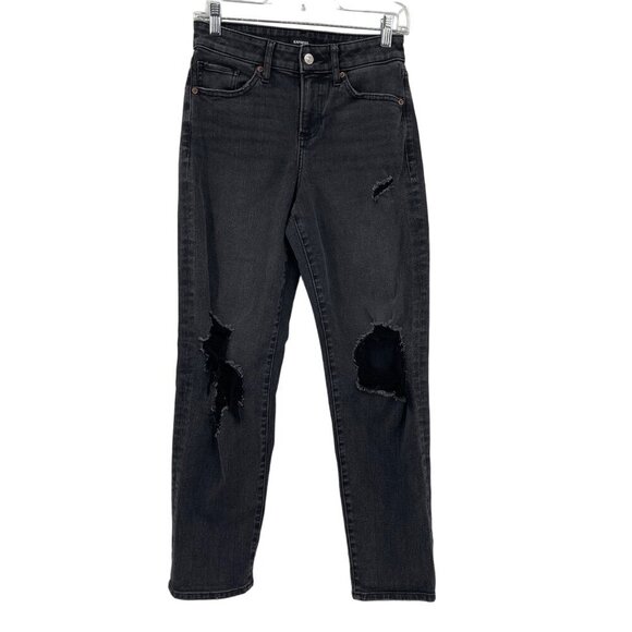 Express Boyfriend Distressed Relaxed Jeans Women's 0‎ Black Charcoal Baggy - Picture 1 of 10